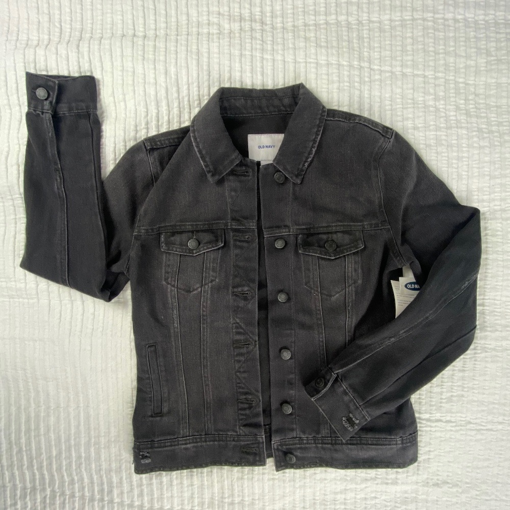 NWT Old Navy Black Denim Jacket Distressed Jean Button Up Women’s XS